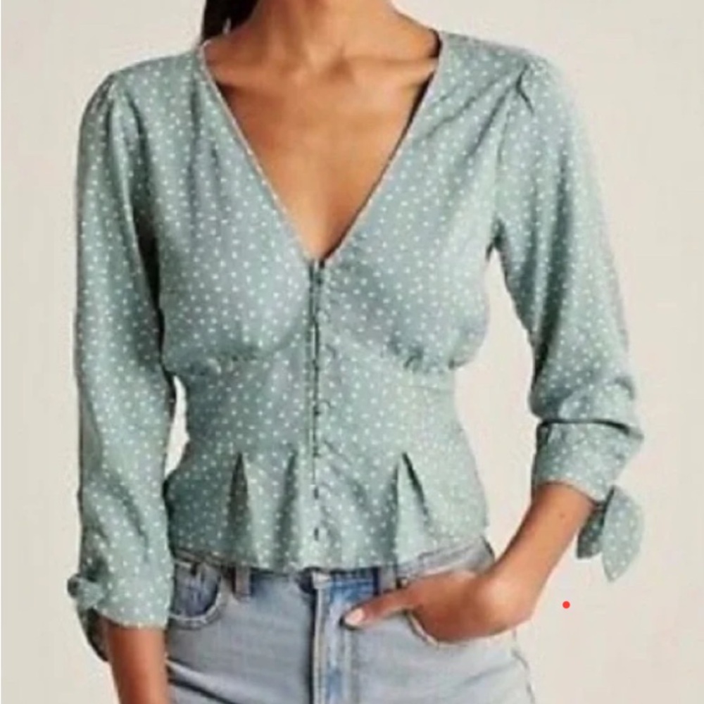 Abercrombie & Fitch Green Peplum Blouse with Cuffed Sleeves